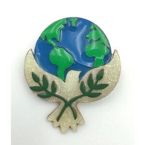Vtg Lucinda Peace On Earth Dove Globe Brooch Earth Day Resin Pin 3D Pop Art Boho